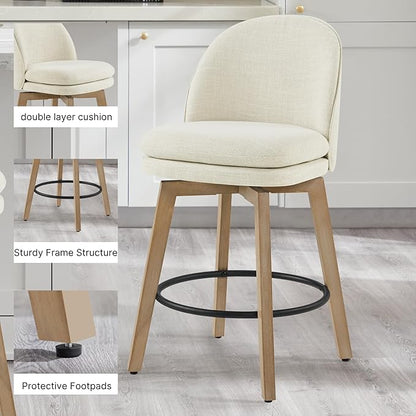 Counter Height Barstools 26 inch Upholstered Swivel Bar Stools with Back and Wood Legs for Kitchen Island,Set of 4,Linen Fabric-Armless