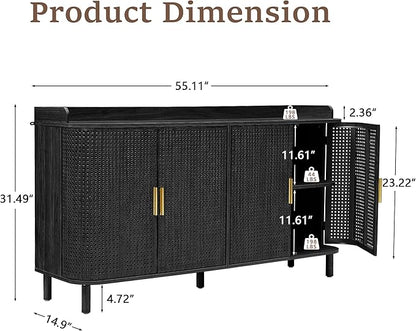 ORRD 4 Doors Storage Cabinet, 2 Tier Wooden Storage Organizer Cabinet with Adjustable Shelf, Sideboard Buffet Cabinets with Iron Curved Doors Accent Shoe Rack for Entryway Hallway Living Room (Black)