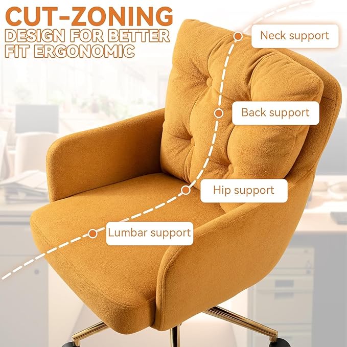 Velvet Office Chair, Comfy Home Office Desk Chairs with Lumbar Support, Modern Velvet Desk Chair Gold Legs Small Swivel Task Chair for Home Office, Bedroom, Study (Yellow, L)
