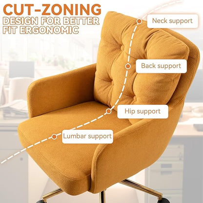 Velvet Office Chair, Comfy Home Office Desk Chairs with Lumbar Support, Modern Velvet Desk Chair Gold Legs Small Swivel Task Chair for Home Office, Bedroom, Study (Yellow, L)