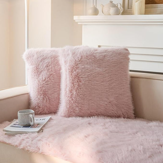 Neelvin Pink Faux Fur Cozy Fluffy Double-Sided Decorative Throw Pillow Covers 24x24 inch Set of 2,Velvet Pillowcase Cushion Case for Sofa Couch