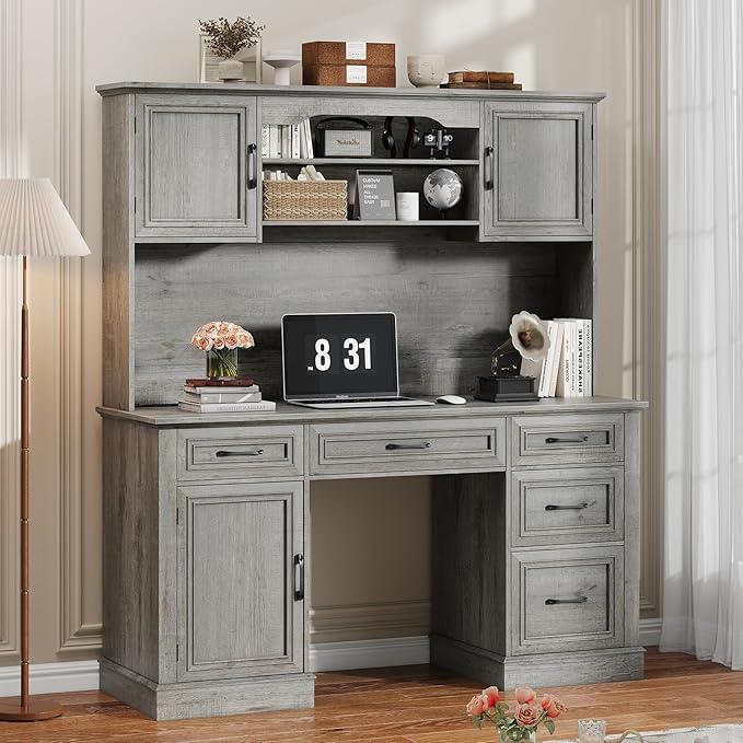 67" H Farmhouse Executive Desk with Hutch. Wood Workstation with 5 Drawers, Storage Cabinet, File Drawers and Charging Station, Ideal as Office Desks, Computer Desk for Home Office and Study.Gray