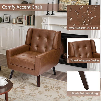 Faux Leather Accent Chair, Mid-Century Modern Upholstered Armchair, Comfy Living Room Chairs Reading Chairs with Button Tufted Back & Solid Wood Legs for Bedroom, Office, Coffee