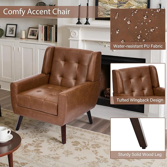 Faux Leather Accent Chairs Set of 4, Mid-Century Modern Upholstered Armchair, Comfy Living Room Chairs Reading Chairs with Button Tufted Back & Solid Wood Legs for Bedroom, Office, Coffee