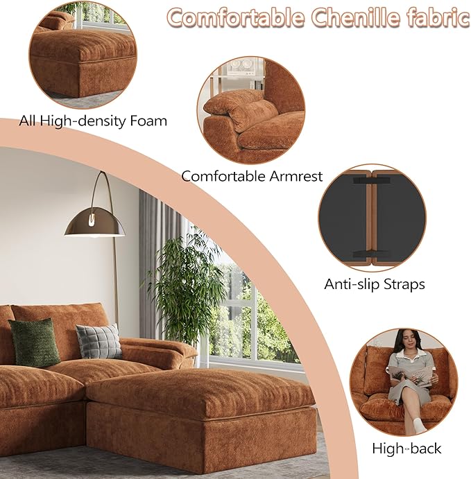 EASE MOOSE Oversized Cloud Couch Sectional Sofa, L-Shaped Large Modular Couch for Living Room, Minimalist Boneless Convertible Couches with Ottoman, 5-Seat Deep Sofas for Bedroom, Chenille (Brown)