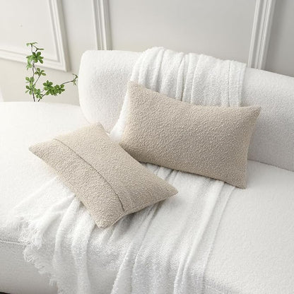 FUTEI Pack of 2 Beige Decorative Throw Pillow Covers 12x20 Inch Soft Cozy Solid Boucle Textured Lumbar Pillow Cases,Modern Home Decor for Couch Bed Living Room