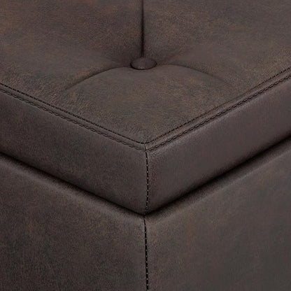 SIMPLIHOME Hamilton 48 inch Wide Transitional Rectangle Storage Ottoman in Distressed Brown Vegan Faux Leather, Assembled, For the Living Room, Entryway and Family Room