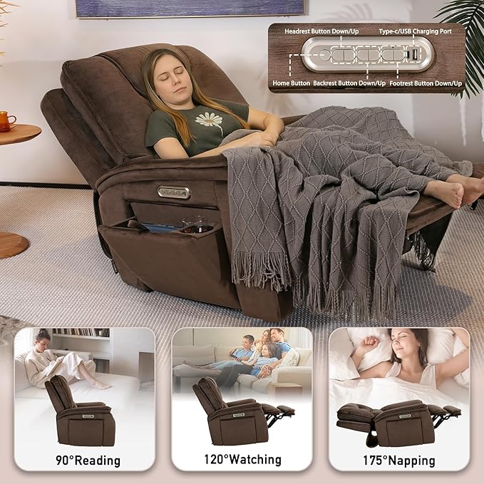 EONIX Triple Motor Lay Flat Zero Gravity Power Recliner Chair with Heat and Massage, Independent Adjustable Backrest Footrest Headrest, 400lbs Heavy Duty Medium Size, Stylish Chenille, Dark Brown