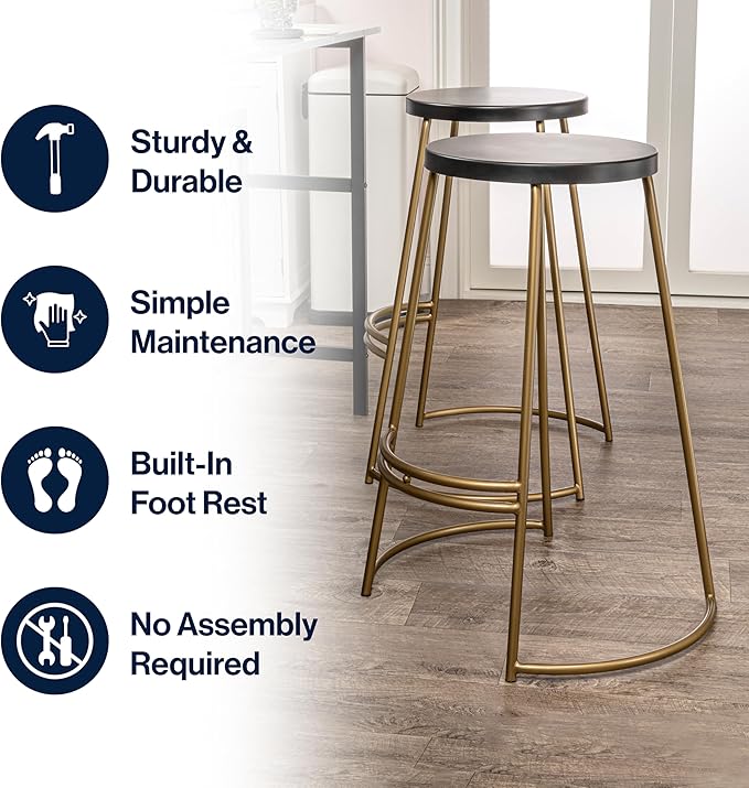 JONATHAN Y BSL1001A Hula 28.75" Modern Designer Iron Curved Backless Bar Stool for Home, Kitchen, Dining Room, Workspaces, Cafes and Resturants, Black Seat with Gold Frame