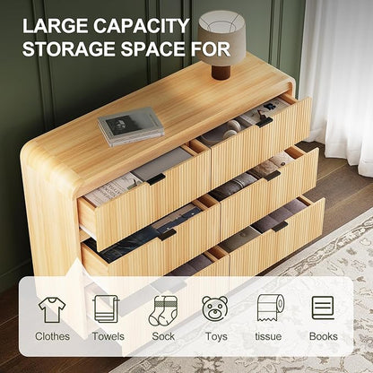 FURSUN Fluted 6 Drawers Dresser for Bedroom, 54" Wide Wooden Dresser with Metal Handle, Curved Profile Design, Modern Storage Organizer for Bedroom, Hallway (Natural Oak)