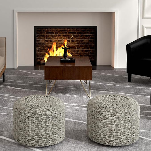 SIMPLIHOME Coates Contemporary Round Macrame Pouf in Cloud Grey Cotton for the Living Room, Bedroom and Kids Room