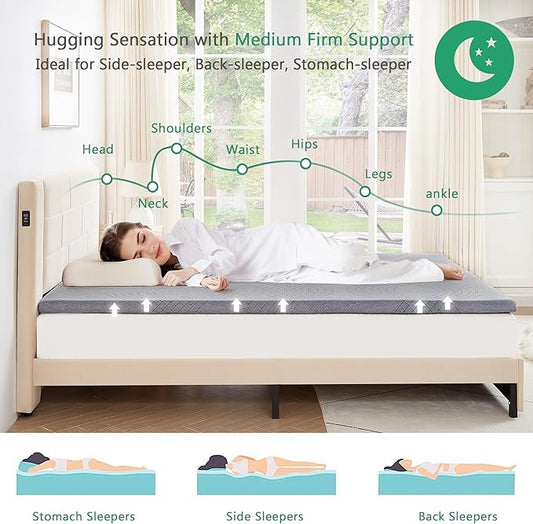 VECELO Gel Infused Memory Foam Mattress Topper Queen Size, 4 Inch Fresh Cooling Mattress Pad with Washable Cover for Queen Mattress, Pain Pressure Relieve Bed Topper, Breathable, Comfort