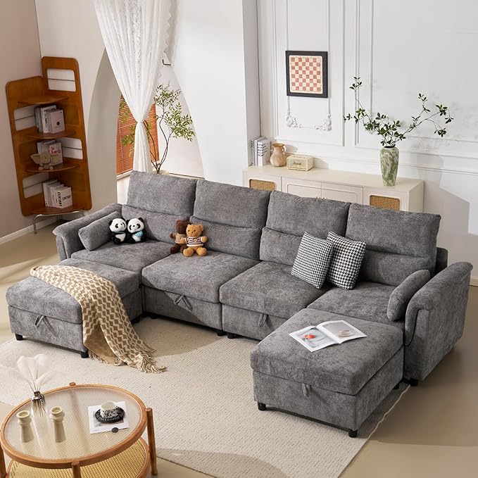 132'' Modular Sectional Sofa, U Shaped Comfy Cloud Couch with Large Storage, Extra Deep Seat, Modern Chenille Sofa with Chaise, 6 Seat Convertible Couches for Living Room, Grey