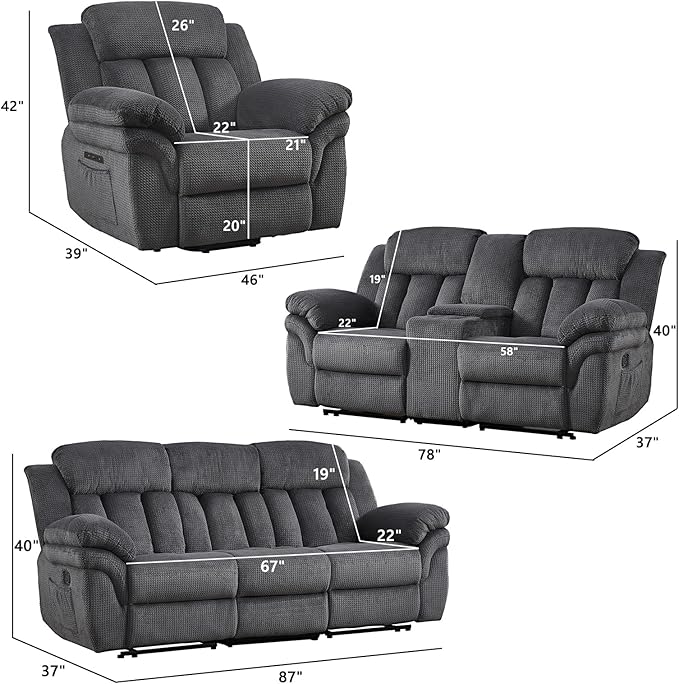 CANMOV Recliner Sofa Set, Oversize Power Lift Recliner Chair, Manual Loveseat and 3-Seat Sofa with Overstuffed Armrest for Living Room,Bedroom Furniture,Office,1+2+3 Seat Grey