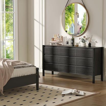 CHUWELL Dresser for Bedroom, 63" Wide Mid Century Modern Chest of Drawers with 9 Large Storage Space and 4 Solid Wood Cylindrical Legs, 9 Drawer Large Dresser for Bedroom(Black)