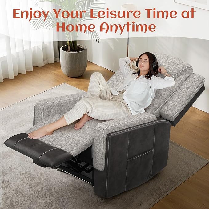 Oversize Manual Recliner Chair for Adults, Extra Wide Single Reclining Sofa Chair with Ergonomic, FSC Certified, Grey Linen-Blend & Chocolate Leather Scandinavian Chic for Living Room, RV