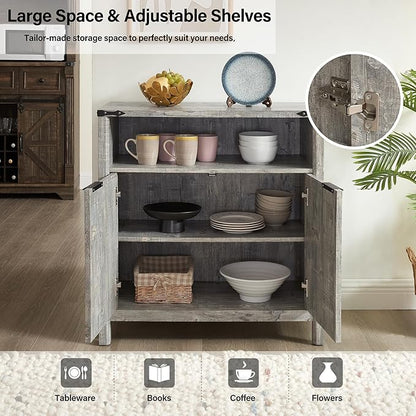 Buffet Cabinet with Storage - Modern Farmhouse Rustic 32 Fluted Sideboard Storage Cabinet Buffet with Adjustable Shelves, Coffee Wine Bar Organizer for Dining Room (Grey)