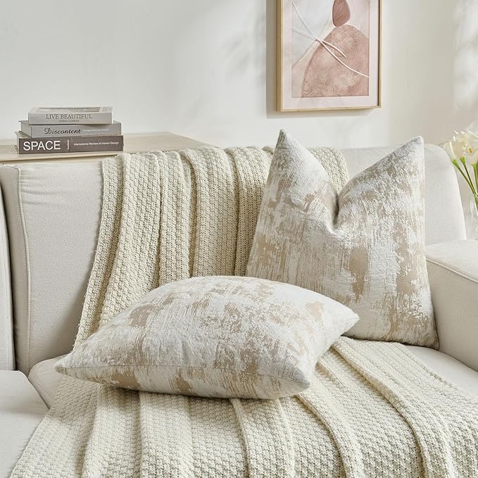FUTEI Brown White Decorative Throw Pillow Covers 16x16 Inch Set of 2,Soft Faux Cashmere Jacquard - Textured & Cozy Cushion Case,Modern Home Decor for Couch Bed Living Room