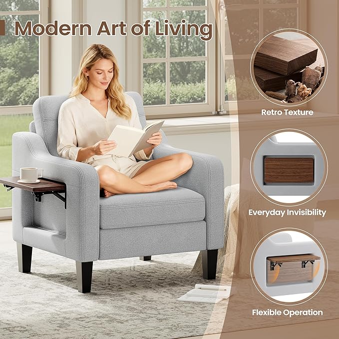 Accent Chair for Living Room Modern Linen Upholstered Armchair Side Wooden Fabric Sofa Chair with Foldable Table 2 Side Pockets Comfy Reading Chair for Bedroom