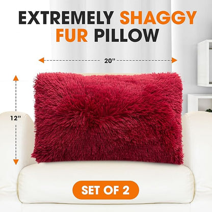 Cheer Collection Throw Pillows for Couch and Bed, Soft Shaggy Throw Pillows with Inserts Included, Cozy Long Hair Faux Fur Pillows - Set of 2-12" x 20" - Maroon