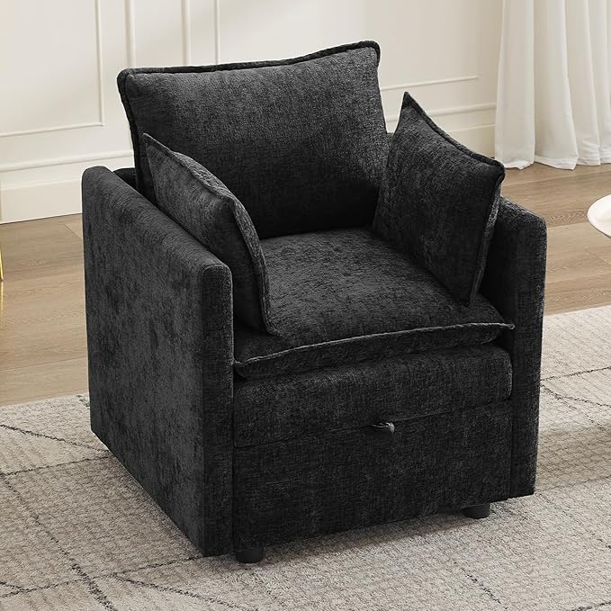 30" Cloud Modular Single Sofa Chair with Storage, Modern Upholstered Accent Chair Deep Seat, Chenille Reading Lounge Armchair for Living Room, Bedroom, Small Space, Black