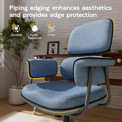 Blue Desk Chair with Wheels and Wide Arms, Soft Granular Linen Fabric Office Chair, Mid Back Vintage Comfy Home Office Desk Chairs with Molded Cotton Seat Cushion, Adjustable Height