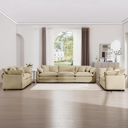 mikibama Luxury 3 Piece Sofa Set, 3-Seater & 2 Loveseat Couch Set, Modern Corduroy Comfy Cloud Couches Set for Living Room Office with 6 Armrest Pillows and 7 Toss Pillows, Camel