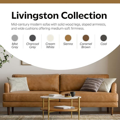SIMPLIHOME Livingston 90-inch Wide Sofa in Sienna Top Grain Genuine Leather, Handcrafted Mid-Century Modern Couch for Living Room, Large 3-Seater with Feather-Wrapped Cushions and Solid Wood Frame