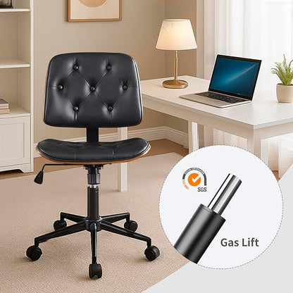 Small Home Office Chair – Armless Mid-Back Desk Chair with PU Leather, Adjustable Height, Swivel Wheels, Modern Walnut Legs for Small Spaces, Black