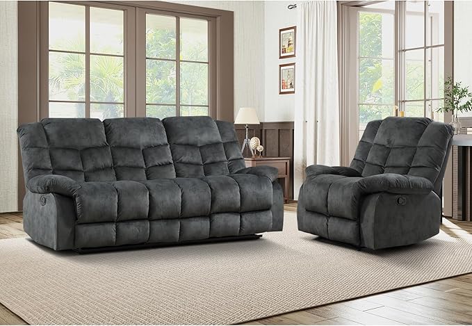 EBELLO Manual Recliner Couch Set, Soft Fabric Reclining Living Room Sofa Set, Included Single Recliner Chair and 3PC Bonded Sofa Couch, Grey Green