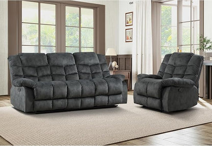 EBELLO Manual Recliner Couch Set, Soft Fabric Reclining Living Room Sofa Set, Included Single Recliner Chair and 3PC Bonded Sofa Couch, Grey Green