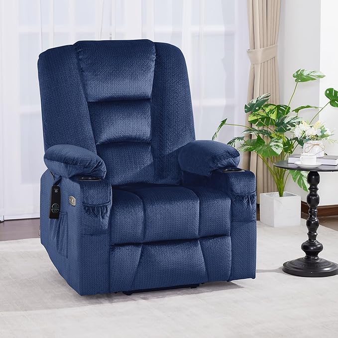 MCombo Large Power Lift Recliner Chair Sofa with Massage and Heat for Big and Tall Elderly People, 3 Positions, Cup Holders, and USB Ports, Fabric 7549 (Large, Navy Blue)
