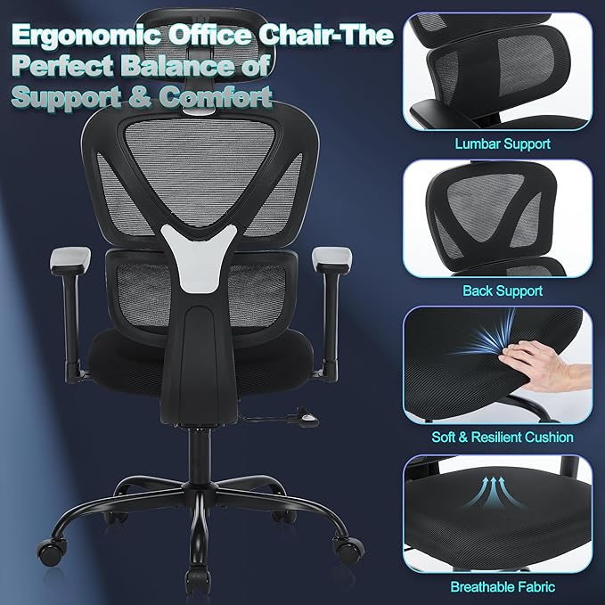 Ergonomic Office Chair with Adjustable Headrest & 3D Armrests, High Back Mesh Desk Chair with Lumbar Support, Reclining Lock 97°-125°, Swivel Computer Task Chair for Home Office, 300 LBS