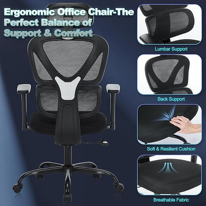 Ergonomic Office Chair with Adjustable Headrest & 3D Armrests, High Back Mesh Desk Chair with Lumbar Support, Reclining Lock 97°-125°, Swivel Computer Task Chair for Home Office, 300 LBS