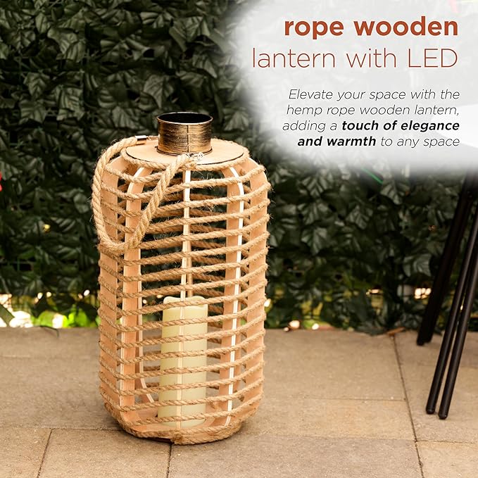 Alpine Corporation SKY392TM 28" H, Hemp Rope Wooden Lantern with Flickering LED Lights, Garden Decor for Patio, Lawn, and Yard