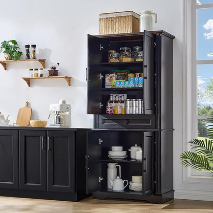 71" Black Tall Pantry Cabinet with Drawer and Adjustable Shelves, Modern Storage Cabinet with Doors, Kitchen Buffet Cabinet, Food Pantry Storage Cabinet, Coffee Bar, Living Room and Dining Room