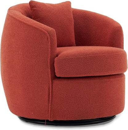 Swivel Accent Chair, Modern Upholstered Boucle Barrel Arm Chairs with Pillow for Living Room, 360 Degree Round Swivel Sherpa Armchair with Round Base for Bedroom Club (1, Orange)