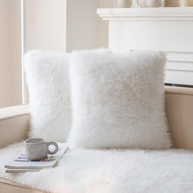 Neelvin Cream White Faux Fur Cozy Fluffy Double-Sided Decorative Throw Pillow Covers 24x24 inch Set of 2,Velvet Pillowcase Cushion Case for Sofa Couch