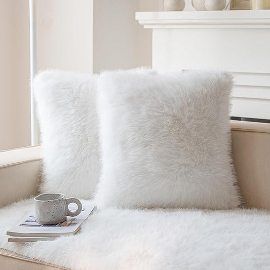 Neelvin Cream White Faux Fur Cozy Fluffy Double-Sided Decorative Throw Pillow Covers 18x18 inch Set of 2,Velvet Pillowcase Cushion Case for Sofa Couch
