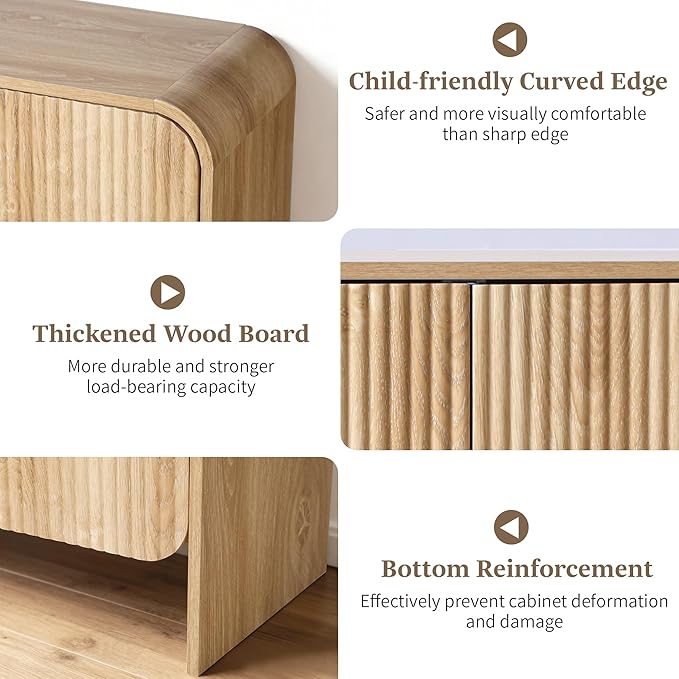 Fluted Sideboard Buffet Cabinet with Storage, 59'' Curved Buffet Cabinet with 4 Doors & Shleves, Modern Credenza Wood Coffee Bar Table Console for Dining Room Kitchen Living Room Entryway, Natural