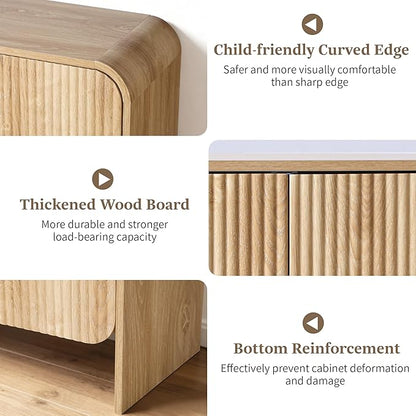Fluted Sideboard Buffet Cabinet with Storage, 59'' Curved Buffet Cabinet with 4 Doors & Shleves, Modern Credenza Wood Coffee Bar Table Console for Dining Room Kitchen Living Room Entryway, Natural