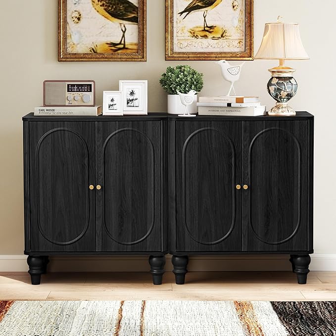 ORRD Fluted Storage Cabinet, Modern Credenza Wooden Accent Sideboard Buffet Cabinet Set of 2 with Adjustable Shelves and Solid Wood Legs, Console Table for Kitchen Dining Living Room Entryway, Black