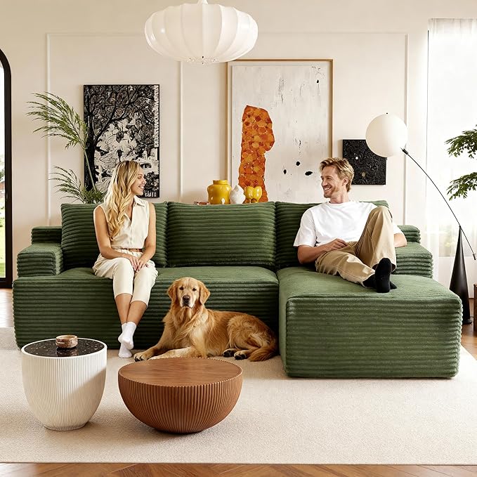 96''Sectional Couches for Living Room,Modern Modular Sectional Sofa,Upholstered Boneless Couch with Pockets,Comfy Cloud Couch with L Shaped Chaise(Green, 96''W Right Facing Chaise)