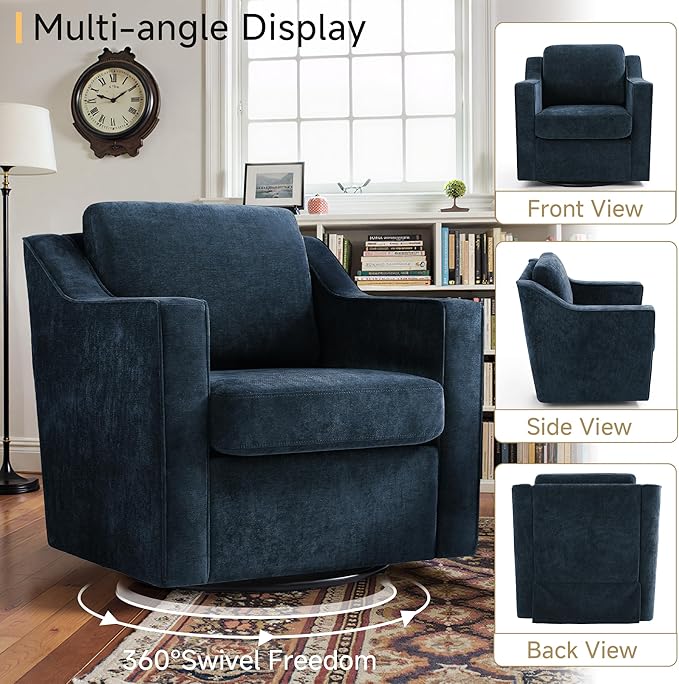 Pia Ricco 2-Pack Plush Oversized Chenille Fabric Swivel Accent Chairs with Removable Covers, Living Room Reception Bundle Set,Grey Blue