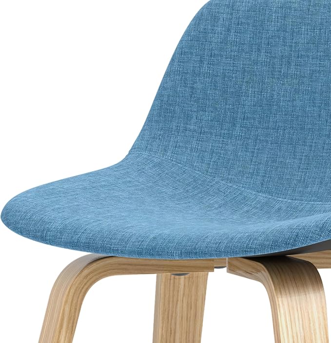 SIMPLIHOME Randolph Counter Stools (Set of 2) - 28 Inch Seat Height Upholstered Bentwood Kitchen Seats in Medium Blue Polyester Linen, Mid Century Modern Seating with Curved Backrest and Footrest