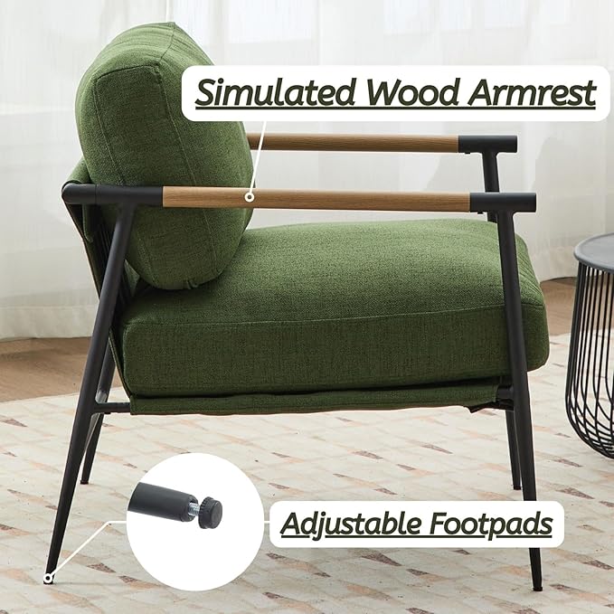 LukeAlon Mid-Century Linen Accent Chair, Ultra Soft Living Room Chair with Metal Legs Modern Armchair Reading Nook Chair Lounge Chair Upholstered Comfy Leisure Chair for Bedroom Waiting Room, Green