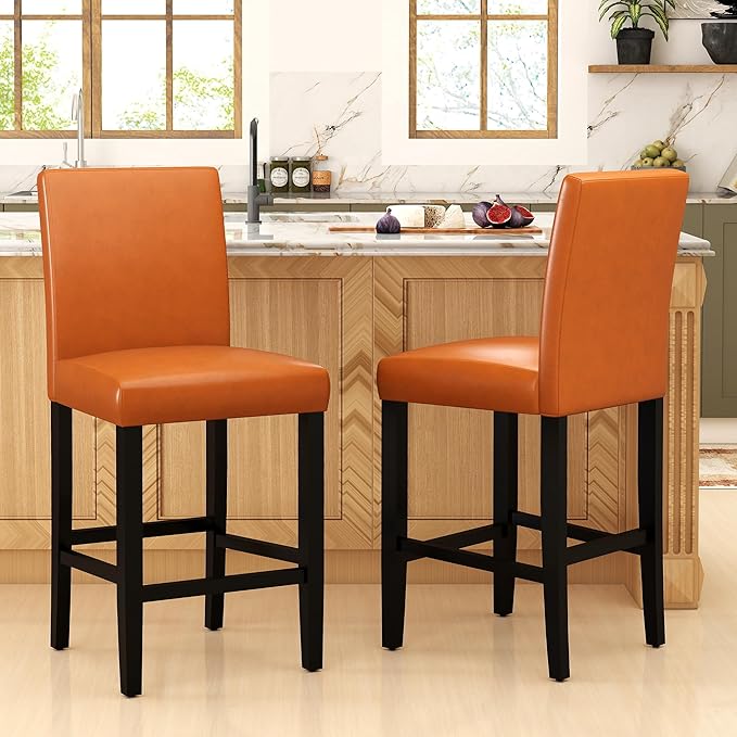 LSSPAID Counter Height Bar Stools Set of 2, 24.8 Inch Upholstered PU Leather Barstools, Modern Kitchen Island Chairs with Backrest and Solid Wood Legs, Light Brown