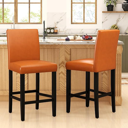 LSSPAID Counter Height Bar Stools Set of 2, 24.8 Inch Upholstered PU Leather Barstools, Modern Kitchen Island Chairs with Backrest and Solid Wood Legs, Light Brown