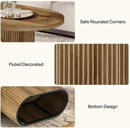 Tribesigns Oval Coffee Table, 47.2" Farmhouse Wooden Center Table with Fluted Design, for Living Room, Office, Apartment, Rustic Brown