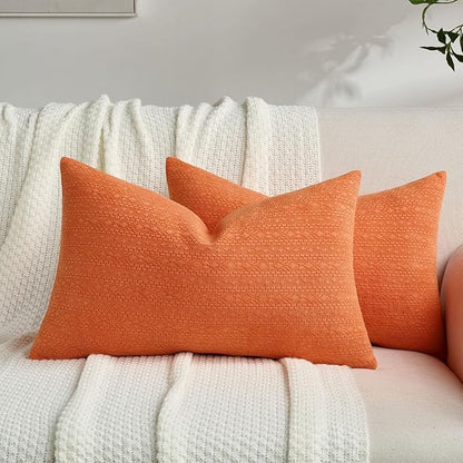 FUTEI Orange Chenille Throw Pillow Covers 12x20 Inch Set of 2,Soft Striped & Diamond Textured Lumbar Pillow Cases,Modern Home Decor for Couch Living Room
